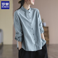 羅蒙（ROMON）棉麻襯衫女春秋禪意風(fēng)女裝盤(pán)扣上衣純色長(cháng)袖復古文藝寬松減齡襯衣 藍色 M