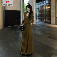 皮爾卡丹（pierre cardin）小眾設(shè)計感褶皺飄帶氣質(zhì)連衣裙女秋季修身顯瘦a字針織大擺長裙 咖黃色 精品純棉高彈針織料 L 建議110-120斤