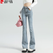 皮爾卡丹牛仔褲女夏季修身顯瘦休閑收腰百搭寬松顯高微喇褲子淺藍S碼