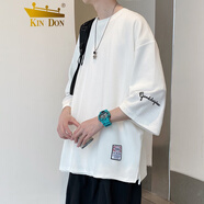 KIN DON夏季2024日系白色ins大碼男裝七分袖T恤男加肥加大碼短袖刺繡體恤 白色 4XL碼