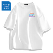 真維斯（Jeanswest）新疆棉重磅純棉短袖t恤男女美式顯白莫蘭迪純色情侶裝T恤打底衫夏 白色(色塊字胸標) S (165) (男女同款)