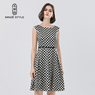 名師路無(wú)袖波點(diǎn)印花連衣裙春秋夏中長(cháng)款修身顯瘦職業(yè)打底A字裙 白底黑點(diǎn)90E M