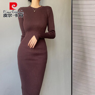 皮爾卡丹（pierre cardin）長(cháng)款加厚毛衣圓領(lǐng)連衣裙女秋冬修身包臀打底衫內搭針織過(guò)膝長(cháng)裙 咖啡色 均碼