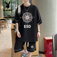 花花公子（PLAYBOY）短袖t恤男休閑套裝男夏季圓領(lǐng)短褲兩件套青少年1套帥氣搭配衣服 TZ2631黑色套裝 2XL 約140-155斤可穿