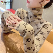 啄木鳥歐貨高領(lǐng)德絨打底衫女秋季新款印花洋氣內(nèi)搭堆堆領(lǐng)修身保暖上衣 7010卡其色磨毛薄款 L 【95-105斤】