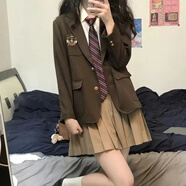 愛(ài)麥依jk制服套裝女學(xué)生三件套百褶裙學(xué)院風(fēng)西裝小個(gè)子鹽系少女感穿搭秋 白襯衫+領(lǐng)帶+咖色百褶裙 M 90-110斤