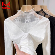 貓人（MiiOW）白色高領(lǐng)蕾絲內搭上衣女秋冬新款感洋氣小衫木耳邊網(wǎng)紗打底衫 白色加絨 S