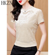 HKZN品牌金絲絨T恤女短袖上衣夏季2024新款氣質(zhì)半袖體恤修身網(wǎng)紗打底 杏色 l
