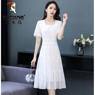 啄木鳥(niǎo)雪紡連衣裙女夏2025新款超仙修身收腰顯瘦溫柔氣質(zhì)黑色夏天裙子 白色 2XL 建議120-130