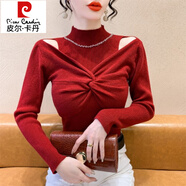 皮爾卡丹（pierre cardin）蝴蝶結紅色毛衣女冬季2025新款露肩上衣時(shí)尚洋氣時(shí)髦打底衫女秋冬 紅色 M