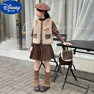 迪士尼（Disney）0-10歲女童連衣裙秋冬裝2024新款洋氣兒童皮裙套裝小香風(fēng)外套羊羔 兔子胸針+馬甲+毛衣+皮裙三件套b 130cm