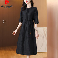 皮爾卡丹（pierre cardin）高端品牌龜裂紋香云紗連衣裙女2025年新款夏季中長(cháng)款桑絲重磅裙子 黑色 3XL 130-140斤