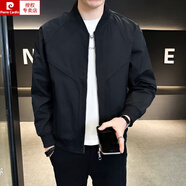 皮爾卡丹（pierre cardin）男飛行員夾克春秋季純色棒球服青年短款休閑外套潮流帥氣上衣服 黑色 L【適合115-130斤】