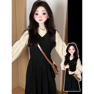 妙奕嘉長袖襯衫連衣裙女士裙子長裙衣服女裝新品春秋新款黑色小個子套裝 米黃襯衫背心連衣裙兩件套 2XL 【建議120-130斤】