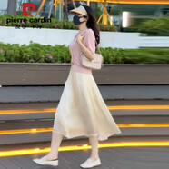 皮爾卡丹短袖冰絲衫半身裙套裝女2025夏季新款百褶超仙韓版薄款兩件套 粉色短袖冰絲衫+米白色半身裙套 L(111-125斤)