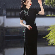 杜艷枝2025春夏新款彈力提花刺繡竹子中長(cháng)款旗袍新中式高端氣質(zhì)女旗袍 黑色 L 100-110斤