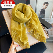 恒源祥蕾絲棉麻圍巾女大方巾薄款保暖圍脖空調護頸披肩春秋文藝絲巾紗巾 黃色 100*100cm