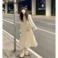 艾柔丹法式荷葉邊長袖連衣裙女裝春秋季新款溫柔氣質(zhì)女神范顯瘦長裙子秋 杏色 L