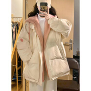 魯雅爾假兩件棉服女秋冬季新款加絨保暖面包服韓版撞色開衫上衣服棉襖潮 米白色 XL 【建議135斤到150斤】