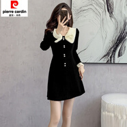 皮爾卡丹（pierre cardin）2025春季新款娃娃領(lǐng)長袖連衣裙小個子高腰氣質(zhì)減齡a字小香風(fēng)短裙 黑色 M 建議100-110斤