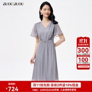 BUOUBUOU天湖女神2025春新品V領(lǐng)釘珠喇叭袖雪紡順紆縐連衣裙女 灰色B86 M