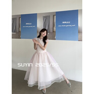 MaycaurSUYIN甜美泡泡袖蓬蓬連衣裙法式設計感歐根紗夢(mèng)幻公主裙流光大擺 粉紫色 L