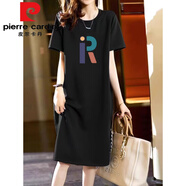 皮爾卡丹（pierre cardin）2025純棉短袖長(cháng)裙寬松休閑過(guò)膝t恤裙簡(jiǎn)約中長(cháng)款連衣裙女顯瘦夏季 黑色【R】 2XL 140-160斤