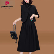 皮爾卡丹（pierre cardin）馬甲三裝毛呢長袖連衣裙女春秋冬貴夫人闊太太媽I媽洋 黑色(三件套) M 適合80-105斤