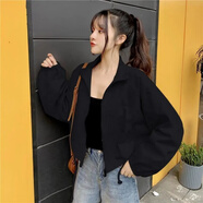 愛(ài)麥依港風(fēng)復古網(wǎng)紅外套女短款學(xué)生韓版寬松BF秋季新款小個(gè)子棒球服夾克 黑色(無(wú)系帶) L 110-130斤