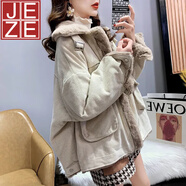 JEZE羊羔毛工裝燈芯絨外套女秋冬季寬松百搭毛毛保暖加絨加厚棉衣棉服 杏色 L 110-125斤