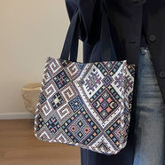 QUEEN TRIP女神節民族風(fēng)包包2024網(wǎng)紅帆布包手工編織托特包女ins單肩手提包 黑色大號