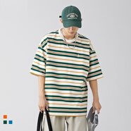 潮氪 短袖t恤男 夏季潮牌五分半袖男士衣服男圓領(lǐng)情侶裝夏天寬松潮流 綠色條紋K1724 L 推薦120-145斤
