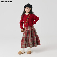 OVE女童毛呢裙子秋冬兒童圣誕紅色格紋新年長裙大童加厚半身裙中長款 兩件套【19748紅色+4553紅色】 140cm