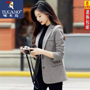 啄木鳥(niǎo)西裝外套女2023年春季新款韓版女士西服休閑復(fù)古格子時(shí)尚小西裝女 咖啡色【商城】【下單送小禮物】 2XL