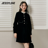 Jessy line杰茜萊秋新款黑色氣質(zhì)高級感收腰顯瘦小個(gè)子連衣裙 商場(chǎng)同款 黑色 XS/155