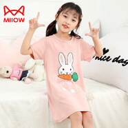 貓人（MiiOW）女童棉質(zhì)睡裙連衣裙親子母女薄款寶寶夏季裙子女孩兒童短袖睡衣裙 粉白色兔吃蘿卜 純棉睡裙 140碼適合120-130厘米58斤