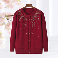 皮爾卡丹（pierre cardin）媽M媽春秋毛針織開(kāi)衫上衣中老年女裝圓領(lǐng)繡花大尺碼毛線(xiàn)衣洋氣 酒紅色 XL 建議100-115斤