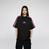 A CHOCK【Achock官方店】開學(xué)情侶拼接拼條印花重磅純棉T恤美式寬松短 黑色 M