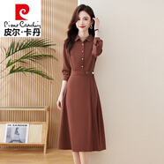 皮爾卡丹（pierre cardin）春秋長袖連衣裙2024年新款收腰顯瘦感氣質遮肚女神范打底裙子 磚紅色 2XL