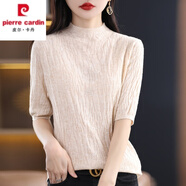 皮爾卡丹夏季新款羊毛衫半高領(lǐng)T恤五分袖針織衫女圓領(lǐng)短款羊·毛衫打底衫潮 米色 XL