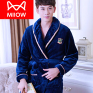 貓人（MiiOW）秋冬季加厚法蘭絨情侶睡袍浴袍女士珊瑚絨浴衣長(zhǎng)款睡衣男款加大碼 藏青色徽章情侶男 3XL 180
