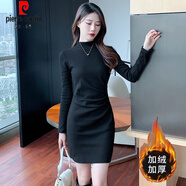 皮爾卡丹（pierre cardin）內(nèi)搭加絨連衣裙女秋冬2025新款修身黑色包臀顯瘦針織裙打底小黑裙 黑色加絨加厚 L