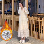 Lauaird加絨加厚蕾絲連衣裙女大碼寬松長(zhǎng)款顯瘦長(zhǎng)裙秋冬裝2024年新款裙子 杏色款 加絨 XXL