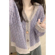 俞兆林香芋紫v領(lǐng)毛衣外套女秋冬韓系小香風(fēng)奶fufu慵懶寬松軟糯針織開(kāi)衫 紫色 M