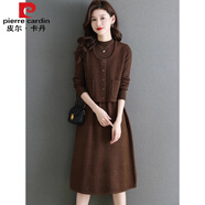 皮爾卡丹（pierre cardin）羊絨羊毛針織連衣裙套裝馬甲兩件套套裝裝打底毛衣裙長(zhǎng)款過(guò)膝裙子 咖啡色 XL 120-135斤
