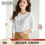 熙世界長袖T恤女2025春季新款民族風復古刺繡百搭寬松圓領體恤衫 珍珠白 M