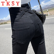 TKSY冬裝加厚超高腰牛仔褲女黑色歐美ins加絨小腳褲2025年新款秋冬季 黑色 XS