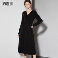 海青藍（CYANINE SEA）優(yōu)雅赫本風氣質小黑裙女2024秋裝新款法式V領收腰顯瘦連衣裙簡約 黑色 L