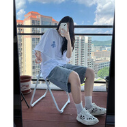 QGF美式牛仔短褲女夏季薄款設計感高腰闊腿褲子寬松休閑百搭五分中褲 淺藍色 XL