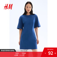 H&M女裝連衣裙2025夏季新款通勤圓領(lǐng)收腰T恤式短袖連身裙1283263 藍(lán)色 L 170/104